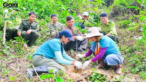 Hoa hậu H'Hen Nie và bà Huyền Đỗ cùng trồng cây đầu tiên của mùa trồng rừng