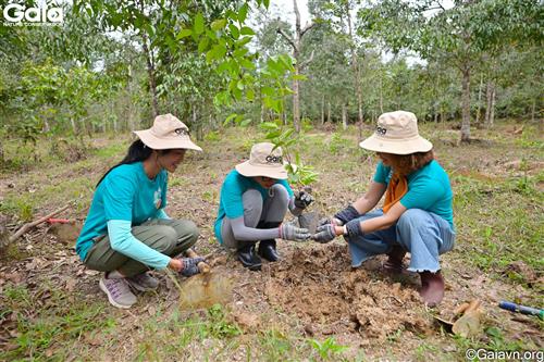 H’Hen Niê, Ngô Bảo Ngọc, và Bà Huyền Đỗ -  Nhà sáng lập & Giám đốc Trung tâm Bảo tồn Thiên nhiên Gaia trồng cây làm thức ăn cho động vật hoang dã. 
