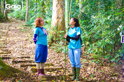 Hoa hậu Hoàn vũ H'hen Niê cùng chị Huyền Đỗ - Giám đốc, nhà sáng lập Trung tâm Bảo tồn Thiên nhiên Gaia trò chuyện giữa khu rừng cây hạt trẩn