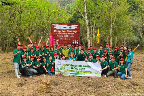 Chụp ảnh tập thể tại bảng tên khu rừng do Nestlé Việt Nam tài trợ