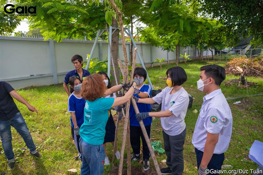 Bà Huyền Đỗ - Giám đốc Gaia trồng cây cùng học sinh trường THPT Linh Trung.